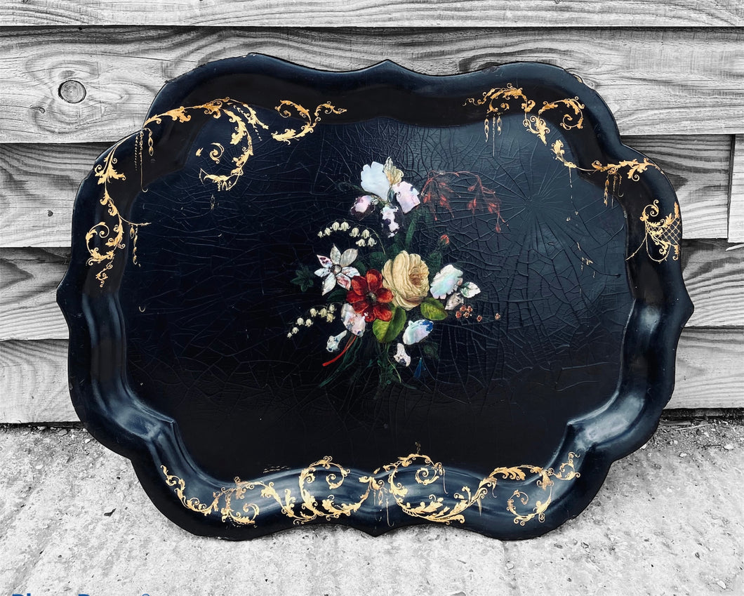 ANTIQUE 20TH CENTURY FRENCH HAND PAINTED PAPER MACHE TRAY, c1920