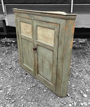 Load image into Gallery viewer, LARGE ANTIQUE 19TH CENTURY FRENCH ORNATE RUSTIC PAINTED PINE CORNER CUPBOARD, C1900
