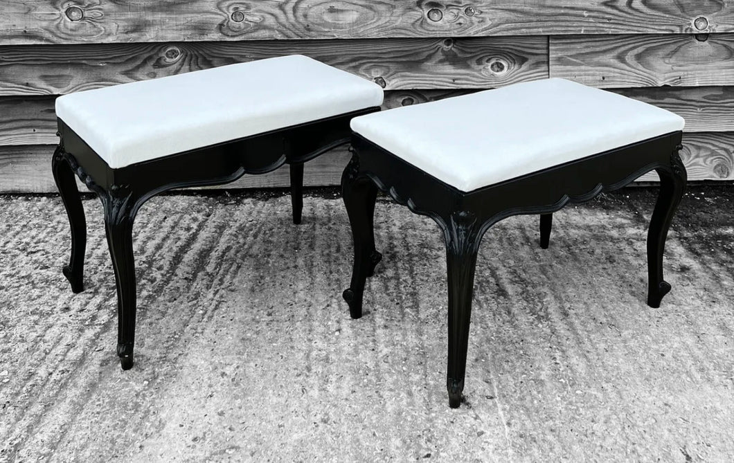 ANTIQUE 19TH CENTURY FRENCH PAIR OF BLACK ORNATE PAINTED & UPHOLSTERED FOOT STOOLS, C1900