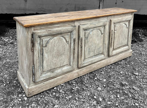 EARLY 20th CENTURY FRENCH ORNATE ORIGINAL PAINTED OAK 3 DOOR SIDEBOARD, c1930