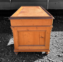 Load image into Gallery viewer, LARGE ANTIQUE 19TH CENTURY FRENCH ORNATE RUSTIC PINE &amp; LEATHER TOPPED DESK, C1900
