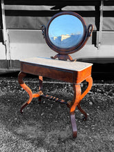 Load image into Gallery viewer, ANTIQUE 19th CENTURY FRENCH ORNATE FLAMED MAHOGANY &amp; MARBLE TOPPED DRESSING TABLE, c1900
