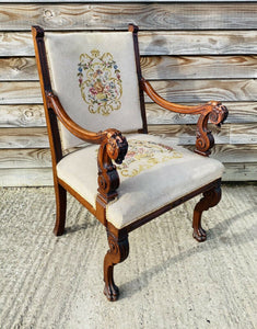 ANTIQUE 19th CENTURY GERMAN CARVED UPHOLSTERED ARMCHAIR, C1900