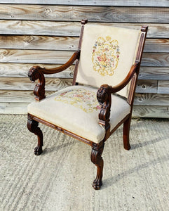 ANTIQUE 19th CENTURY GERMAN CARVED UPHOLSTERED ARMCHAIR, C1900